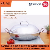 Safico 18-8 Stainless Steel 5-Ply Wok With 2 Handles with Lid Ø36xH8.5cm / Ø40xH10.5cm