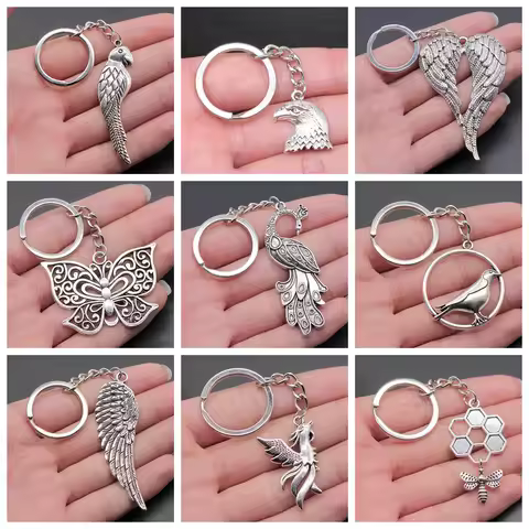 Birds Eagle Owl Peacock Phoenix Parrot Dove Bee Dragonfly Butterfly Wings Feather Key Chains Animal 