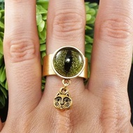 Olive Green Glass Cat Eye Evil Eye Gold Adjustable Protection Charm Ring Jewelry