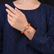 精品四川南紅 老型珠單圈手鏈 搭配冰飄如意鎖 銀鑲嵌翡翠葫蘆