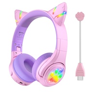 Riwbox CF9 Cat Ear Kids Bluetooth Headphones with LED Light Up,Safe 85dB Volume Limit,Built-in Mic&B