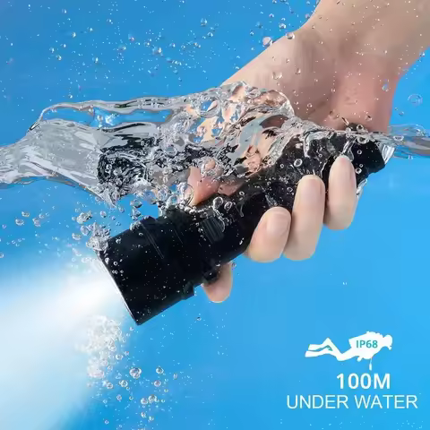 Super Bright Diving Flashlight IP68 Highest Waterproof Rating Professional Diving Light Powered by 1