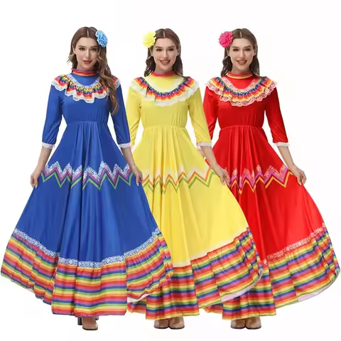 Women Mexican Traditional Costume Folk Dance Dress Cinco De Mayo Festival Outfit Bohemia Long Skirt 
