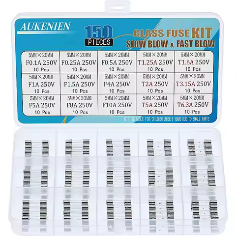 AUKENIEN 15 Value Glass Fuse Set 250V 5x20 mm Fuse Slow Blow T1.25A TO 6.3A Glass Tube Fuse F 0.1A T
