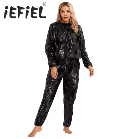 2Pcs Mens Womens PVC Sauna Suit Long Sleeve Elastic Cuff Top with Pants Weight Loss Sweat Suit Slimm
