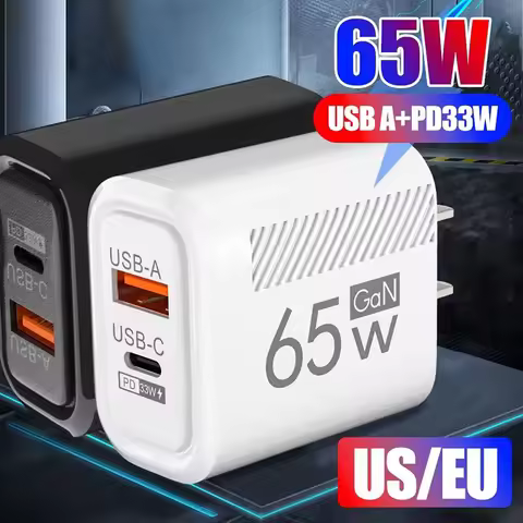 65W GaN Fast Charging USB+Type C PD 33W Charger Adapter For iPhone Samsung Xiaomi Redmi Quick Charge