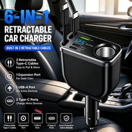 240W Car Charger With 70CM Retractable Dual Type C Cable Fast Charging 6-in-1 Car Phone Charger for 