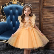 Gd3701- พร้อมส่งจากไทย ชุดราตรีเด็กสีเหลืองทอง ชุดออกงานเด็กหญิงทรงสั้นฟูสวย แขนระบายน่ารักเหมือนตุ๊กตา