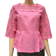 เสื้อลินินผู้ใหญ่แต่งลูกไม้คอตตอนนิ่ม อก 38" 40" 42" 44" 46" 48" 50" อินกะออย In Ka Oil สีชมพู/กลีบบ