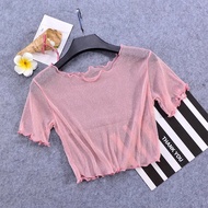 Honey Lovely เสื้อตัวในแบบสั้นครึ่งท่อนสั้นแบบใหม่ เสื้อผ้าตาข่ายแขนสั้นผู้หญิงเสื้อซับในผ้าไหมสดใสเ