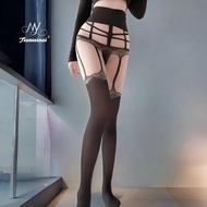 Black Silk Pantyhose with Flower Design - Garter Belt Compatible, Wide Waist Band