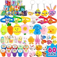 Easter Basket Stuffers - 60 Pcs Easter Egg Fillers - Easter Gifts with Squishy Slap Bracelets Stamps Cars Rings Tattoos Keychains Puffer Fidget Toys Party Favors Classroom Prizes Boys Girls Kids