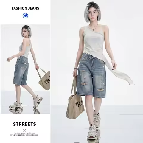 American Vintage Loose Wide Leg Denim Knee Length jeans Women shorts High Waist Stretchy Bermuda Jea
