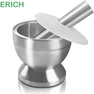 ERICH1 Mortar and Pestle, Durable with Lid Spice Grinder, Easy To Use Rust Resistant Non-Slip Base Sturdy Pill Crusher Pedestal Bowl