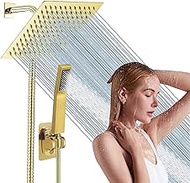 High Pressure Square Rain Shower Head and 2-in-1 Hand Shower.Equipped with 78"Hose, 3 Way Diverter Valve,Adhesive Shower Head Holder.(Bellearly Square Shower Head Set Gold)