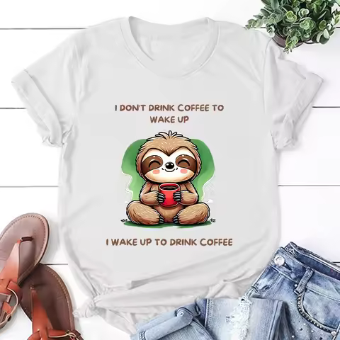 Sloth I Don'T Drink Coffee To Wake Up Cartoon Printed T-Shirts Women Summer Casual T-Shirts O Neck S