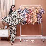 Setelan CP Payung Davina Motif Printing Batik Sakura Pekalongan Baju Celana Panjang Piyama Tidur Bum