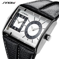 SINOBI Dual Time Zone Men Watches Unique Design Leather Strap 43mm Dial Men's Quartz Wristwatches Clock for Business Men Watch SYUE