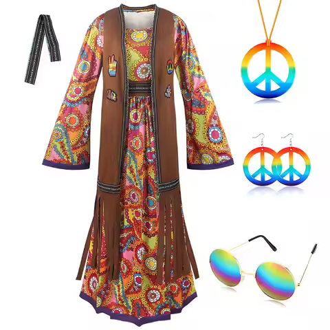 1960s 70s Retro Hippie Costume Set for Women Print Dress with Accessories Disco Outfits Festival Cos