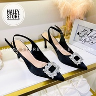 Giày sandal cao gót 7cm HALEY STORE bít mũi nhọn quai đính max đá xoàn lấp lánh tiểu thư công chúa đ