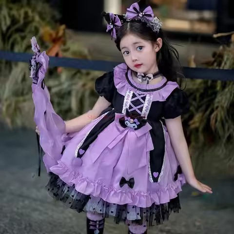 Kawaii Kuromi Cosplay Lolita Princess Dress Summer Children's Costume Dress Puffy Skirt Suit Cute Gi