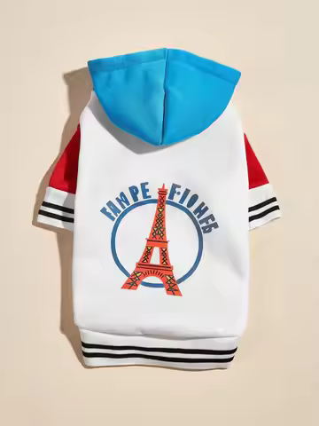 Pet clothes dog cat jacket Warm and comfortable clothes with Eiffel Tower print blue, white and red 