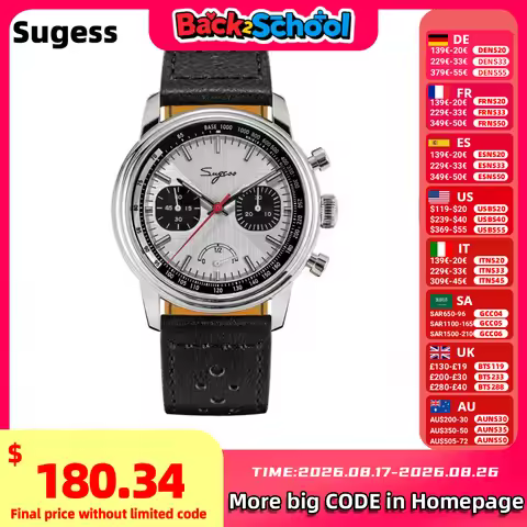 Sugess Pilot Watch Men ST1906 Movement Handwind Chronograph Wristwatches Sapphire Waterproof Hand Wi
