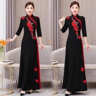 Women Chinese Vintage Cheongsam Flower Embroidery Oriental Elegant Evening Party Dress