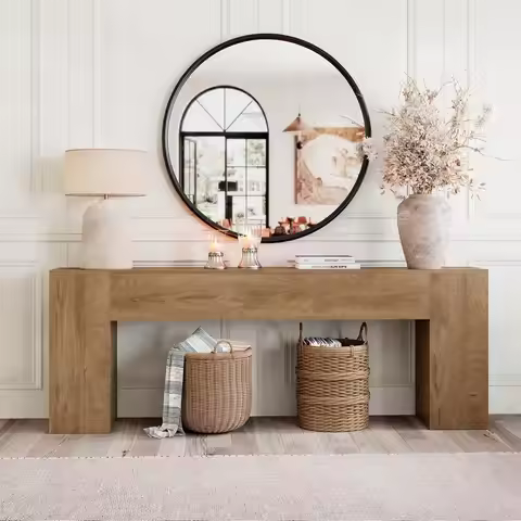 86in Extra Long Console Table, Wooden Sofa Entryway Hallway Living Room Apartment Furniture, Natural