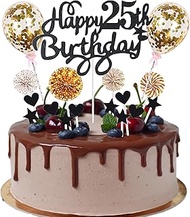 Cnrose Cake Decoration Man Women 25th Birthday Hello 25 Cake Topper Black Gold with Heart Star Ballo