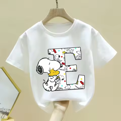 Snoopy A-Z Letter T-shirt Children Cartoon Anime Clothes Fashion Round Collar Clothing White Short S