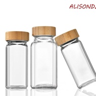 ALISONDZ Spice Bottle, Square Glass Spice Jars, 4oz with Bamboo wood lid Perforated Transparent Kitchen Tools for Spice Rack