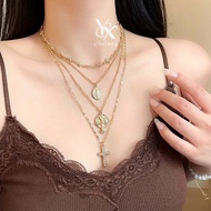 YX Rhinestone Cross Portrait Necklace Set 4Pcs Layered Y2K Punk Party Jewelry Cute Gothic Aesthetic 