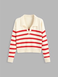 Cider K-POP Stripe Collar Knit Polo Top เสื้อโปโลแขนยาวผู้หญิงเสื้อไหมพรมแฟชั่นผญลุคสตรีทสไตล์เกาหลี