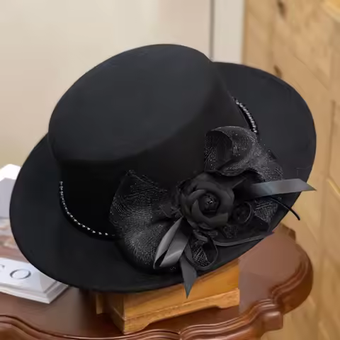 Gothic Black Camellia Mesh Bow Flat Top Fedora Hat Women Beaded Pearl Chain Vintage French Boater Ch