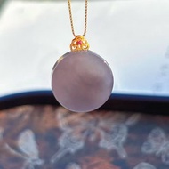 天然煙紫和田玉吊墜圓牌平安無事牌吊墜18K厚金鑲嵌女款寶寶款