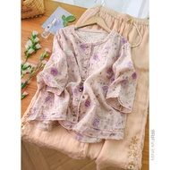 XIAOER | Rose Printed 100 Percent Ramie Lace Collar 3-4 Sleeve Women Shirt