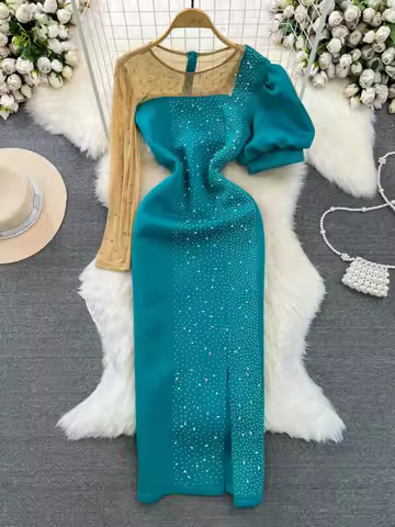 Ele Evening Gown Ball High Socie Lady Personali Me Splice round Ne Waist in Diamond Split Wrap Body 