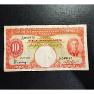 Malaya British Borneo Old Banknote King George VI 10 Dollars Year 1941 - Genuine Original Embossed P