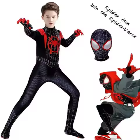 Anime Superhero Spiderman Costume for Kids Miles Morales Cosplay Zentai Bodysuit Faceshell Halloween