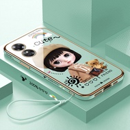 เคส PMP สำหรับ OPPO A38 A37 A37F A71 A78 A17K 5G OPPO Neo 9 (สายคล้องฟรี) เคสสาวน่ารักลายการ์ตูนขอบสี่เหลี่ยมชุบเคสโทรศัพท์เคสโทรศัพท์นิ่มสุดหรู