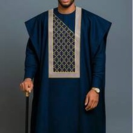 3pcs Navy Blue Agbada Men's Outfit, Elegant Gold Embroidered Robe, Dashiki Shirt And Elastic Waist P