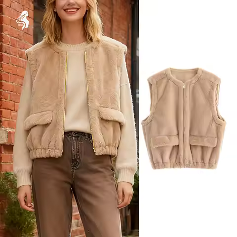 Womens Vest Jacket Faux Fur Sleeveless Zipper Fashionable Versatile Vest Jacket Must Have Item For A