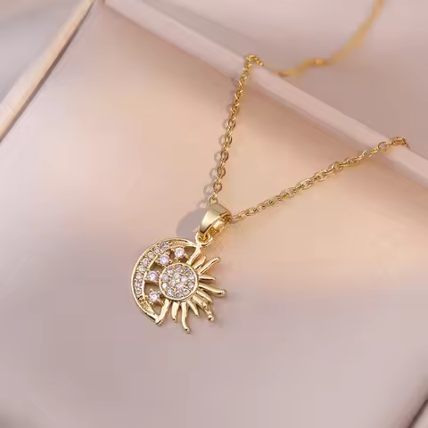 Stainless Steel Micro Paved Sun Moon Pendant Necklace Fashion Light Luxury Cubic Zircon Collar Chain