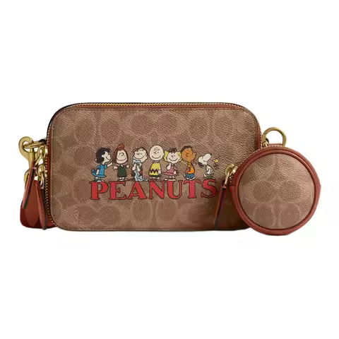 COACH PEANUTS Snoopy, Collaboration Signature Coated Canvas Clutch Crossbody Bag Small Women's Brown