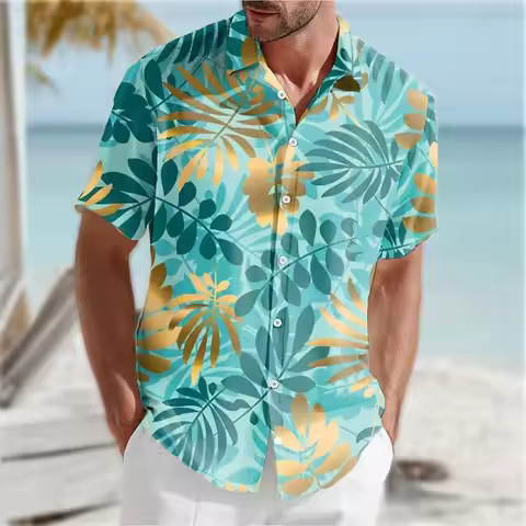 Men's Colorful Palm Leaf Tropical Plants Summer Hawaiian Shirt Button Up Aloha Shirt Short Sleeve Ha