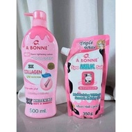 A BONNE COLLAGEN LOTION & A BONNE SPA MILK SALT SCRUB.