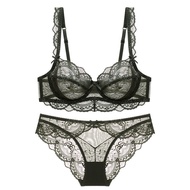 Black Sexy Lingerie Set For Women Plus Size Floral Embroidery Mesh Lace Underwear Ultra Thin Transpa
