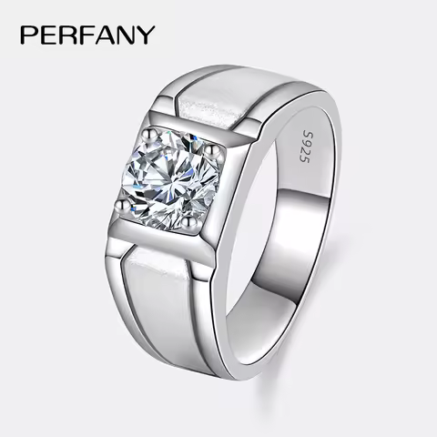 PERFANY 0.5/1CT Moissanite Ring for Men S925 Pure Silver Frosted Design Eternal Diamond Wedding Ring