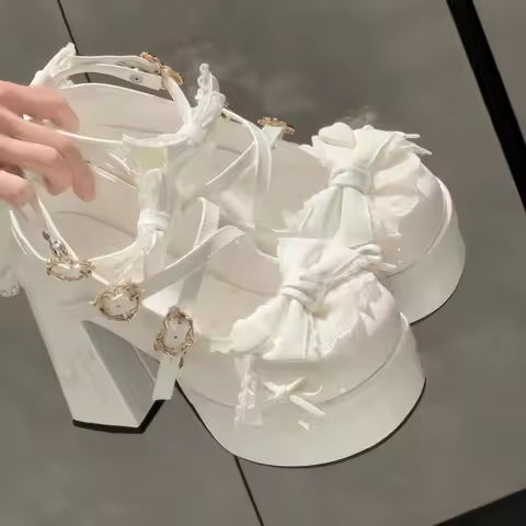 Lolita High Heel Mary Janes White Bowtie Versatile Slimming Spring Tea Party Fashion Single Shoes ro